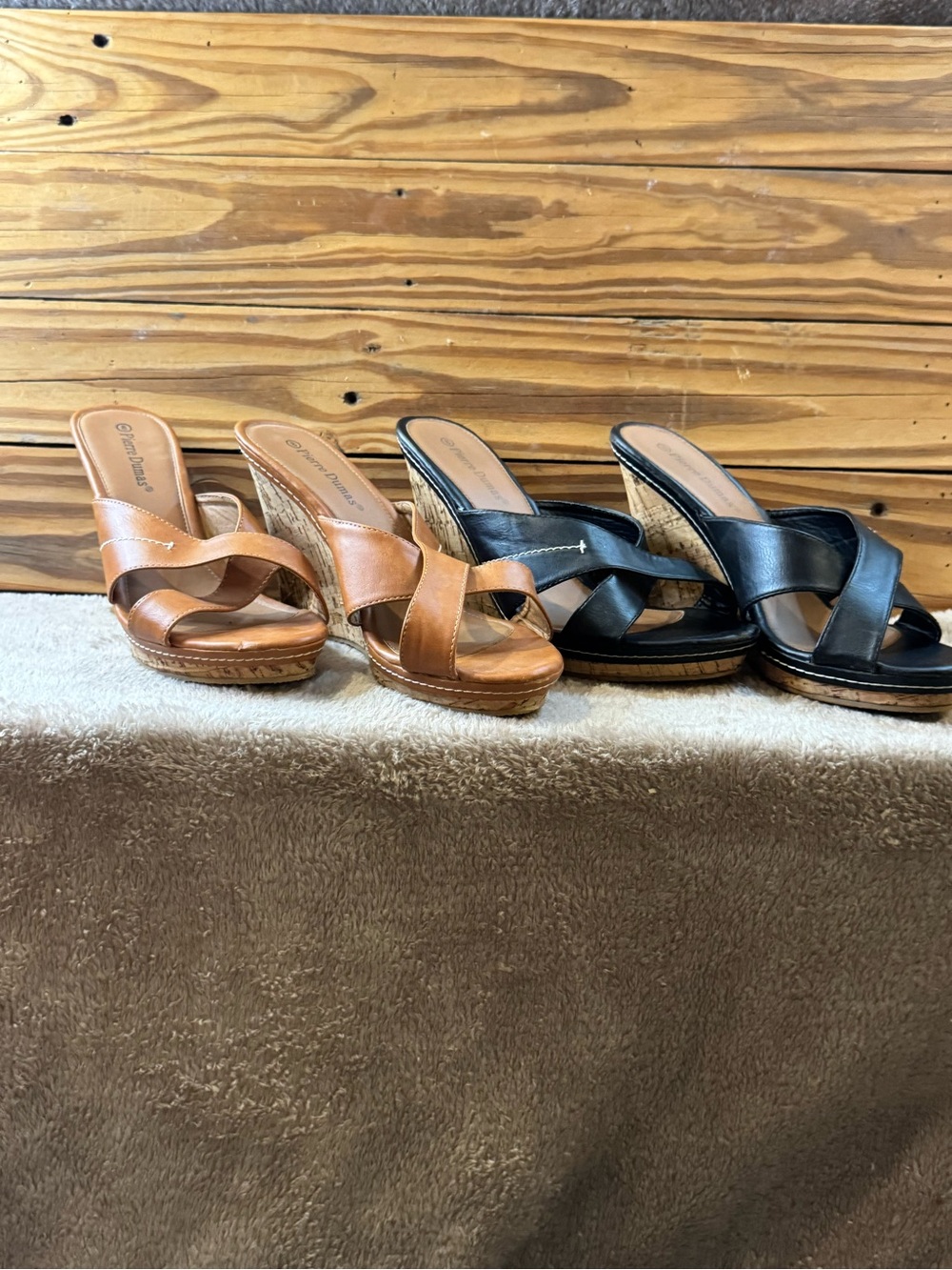 Pierre Dumas Black and Tan Wedge Slide Sandals